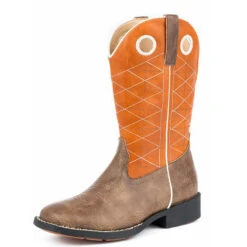 Roper Kid's Orange And Brown Criss Cross Square Toe Boot (Size 9-13)