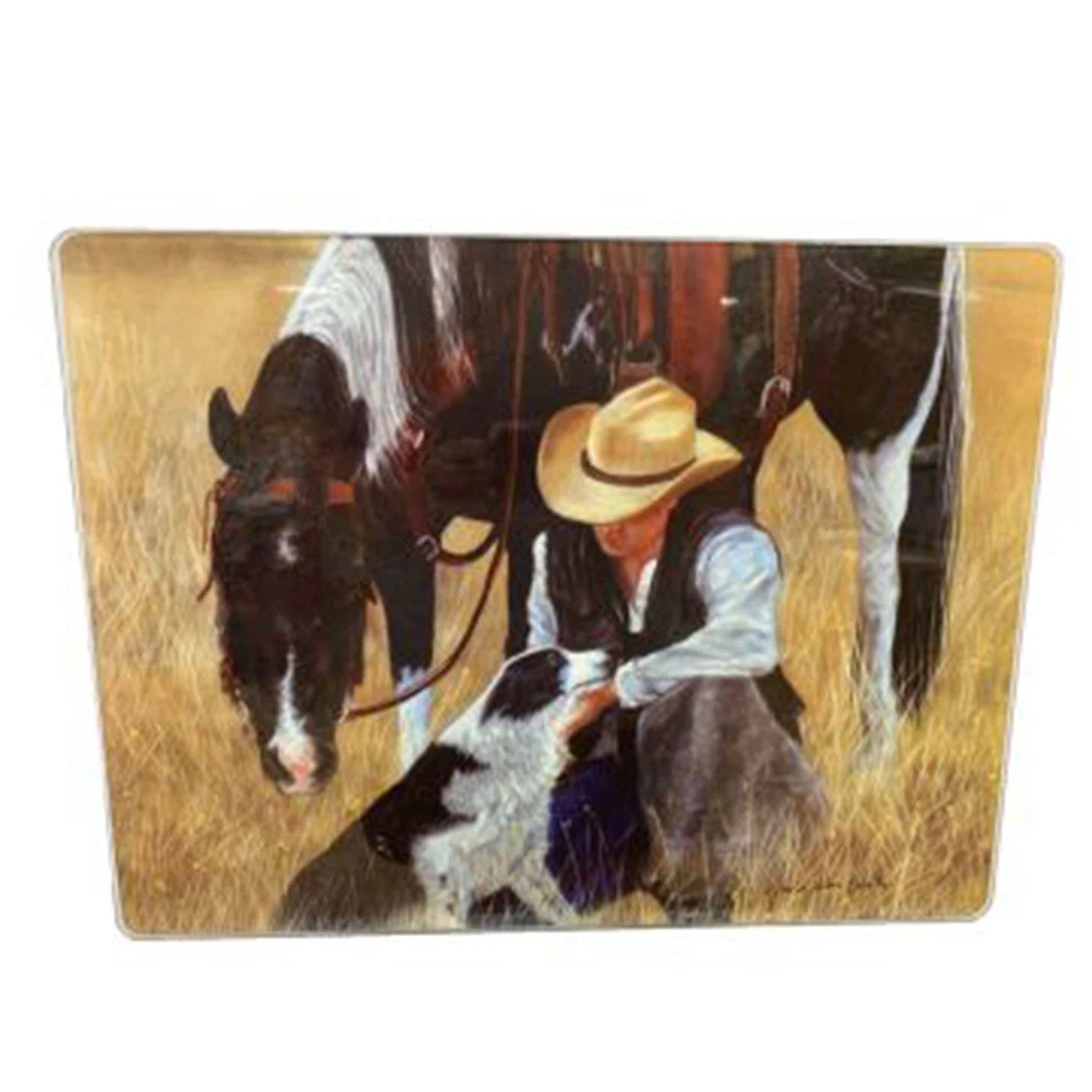 Cowboy Kneeling With Horse Glass Cutting Board