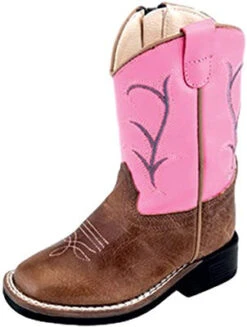 Toddler Brown Pink Top Square Toe Boots