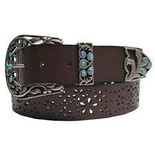 Women's Brown And Turquoise With Cutout Flower Design Belt
