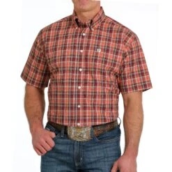 Cinch Men's Dark Orange Plaid Short Sleeve Button Down Shirt