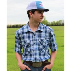 Blue Plaid Short Sleeve Fishing Shirt