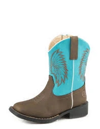 Roper Kid's Brown And Turquoise Headdress Square Toe Boots